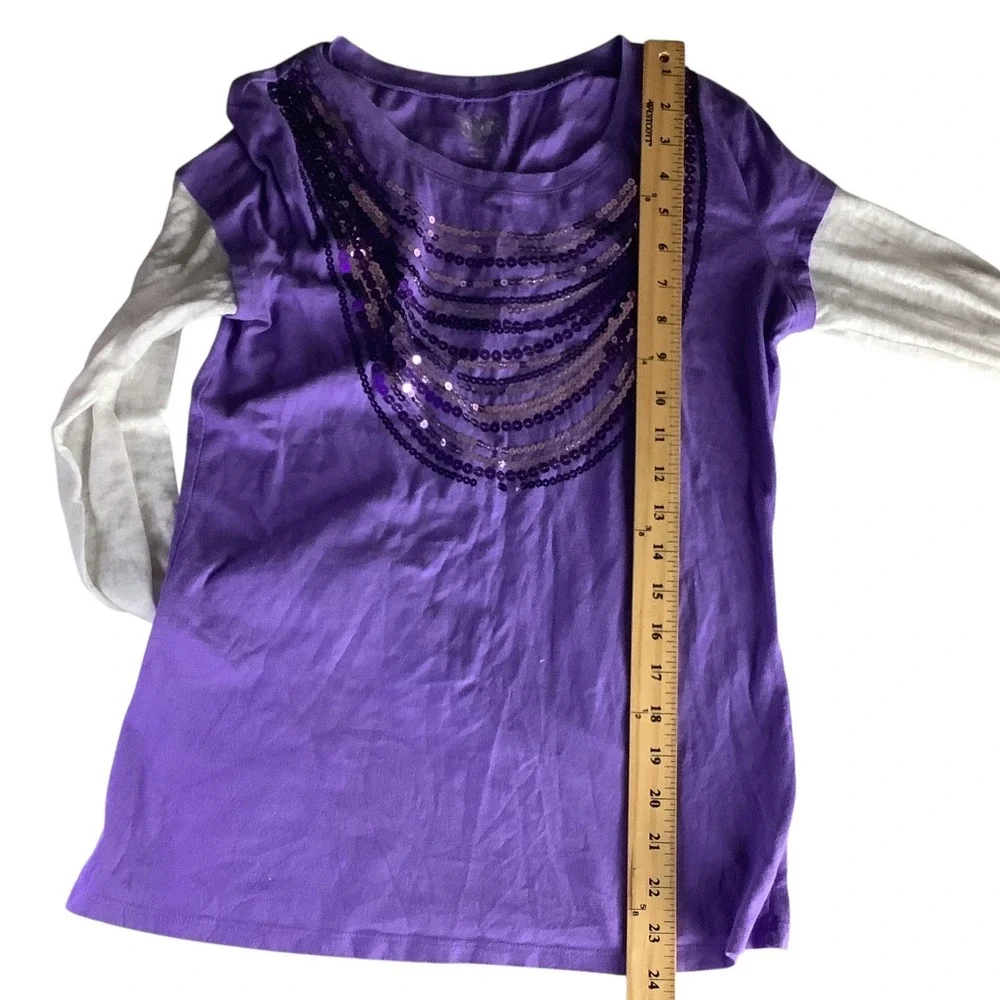 Justice Girls Long Sleeve Purple‎ Shirt Size 18 Sequined Front White Sleeves